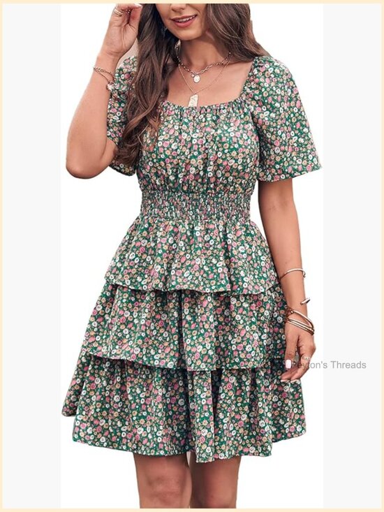 Dresses & Skirts - Boho Floral Tiered Ruffle Mini Dress Square Neck Short Sleeve Summer